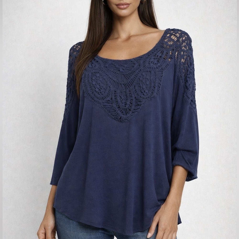 Maitai Navy Blue Crochet Lace Yoke Blouse/Boho 3/4 Sleeve Top (1167)